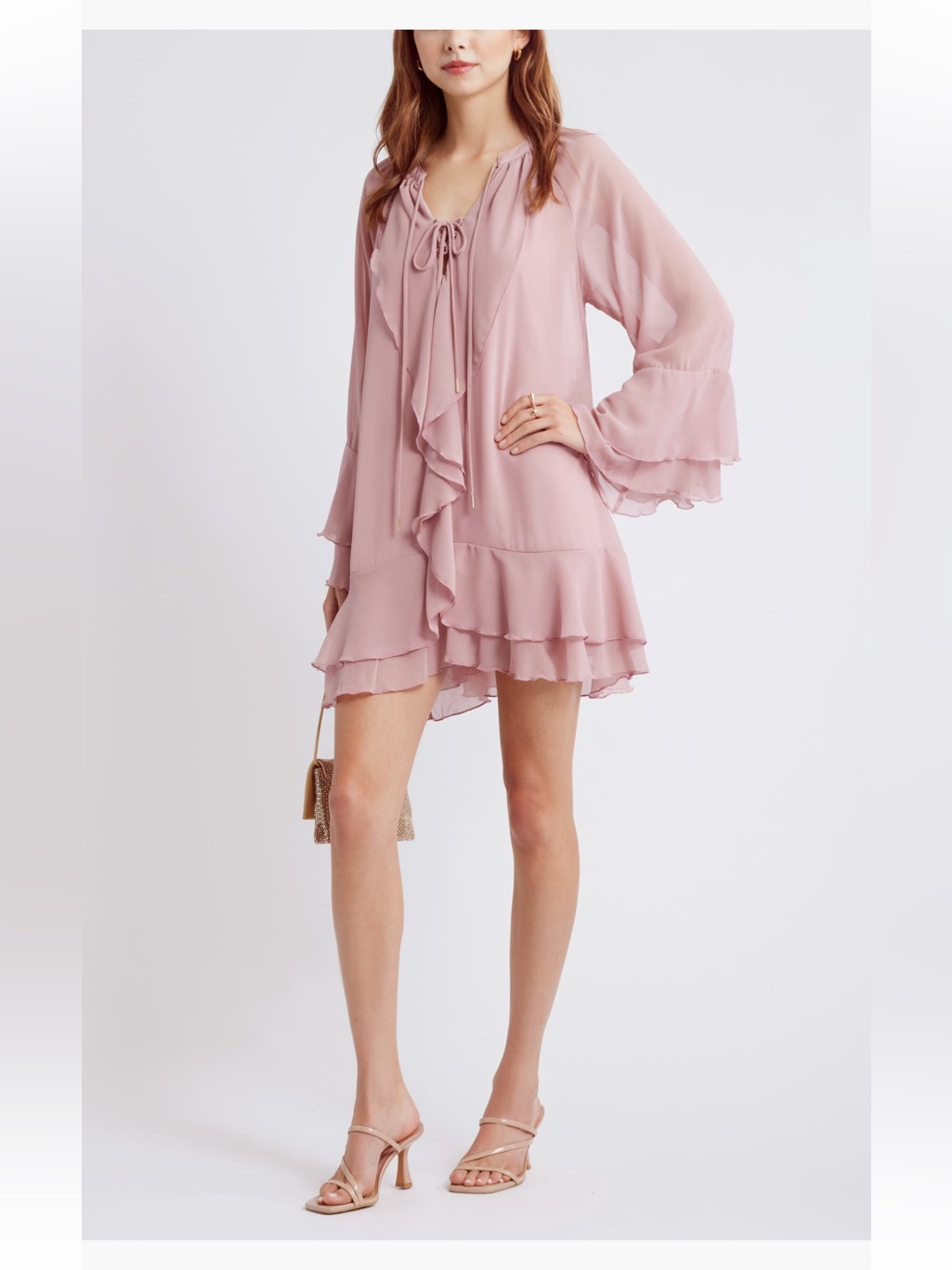 Open Edit Ruffle Long Sleeve Chiffon Mini Dress Pink Timber Medium Nwt
